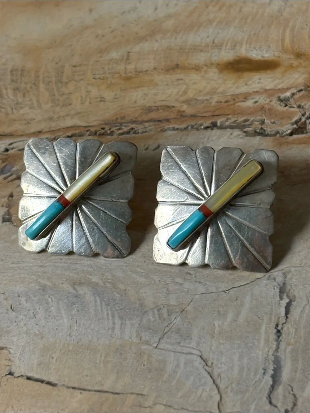 Sterling Silver Opal Coral Turquoise Inlay Stud Earrings